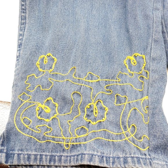 Agapo Embroidered Denim Overalls Small Metal Buttons Capri Pockets Distressed - Picture 7 of 12